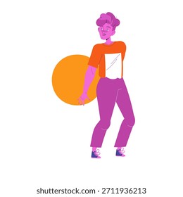 Hombre joven que sostiene la Ilustración vectorial geométrica circular anaranjada de la forma