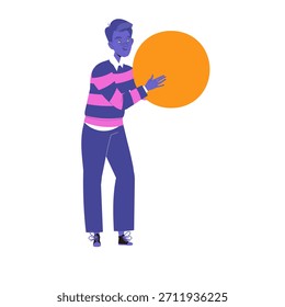 Hombre joven que sostiene la Ilustración vectorial geométrica circular anaranjada de la forma