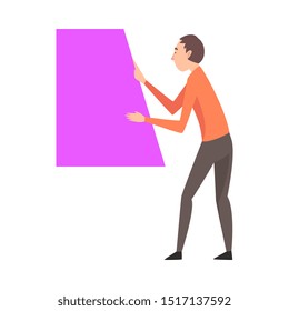 Young Man Holding and Organizing Abstract Geometric Shape Vector Illustration