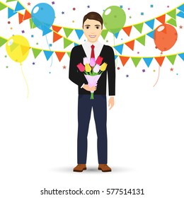 A young man holding out large bouquet of tulips. Men with Flowers. Vector illustration.