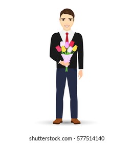  A young man holding out large bouquet of tulips. Men with Flowers isolated on white background. Vector illustration.