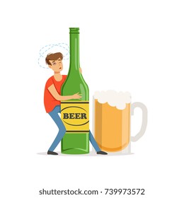 Young man holding oversized bottle of beer, alcohol addiction, bad habit vector Illustration