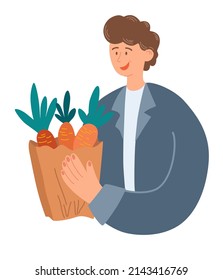 Young Man Holding Package With Fresh Vegetables. Smiling Man With Carrot Veggie, Portrait. Shopping In The Store, Food Delivery To Your Home And Restaurant. Fresh Organic Products. Vector Illustration