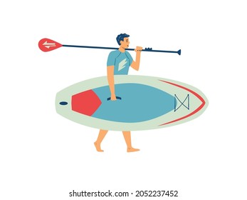 Young man holding paddle board going to beach. Concept of summer activity and enjoying sup surfing ocean coast during vacation. Flat cartoon vector illustration isolated on white