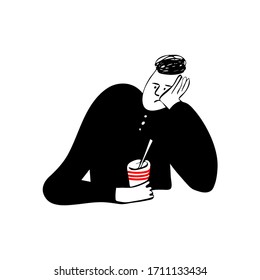 young man holding paper cup with a tube