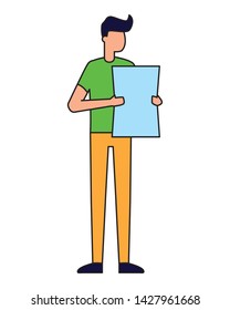 young man holding paper on white background vector illustration