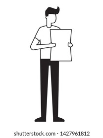 young man holding paper on white background vector illustration