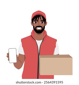 Young man holding parcel box showing phone. Flat Vector character illustration