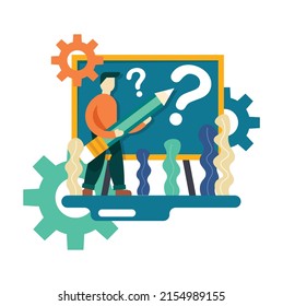 Young man is holding a pencil for writing question mark on the board. business concept vector illustration isolated on white background.