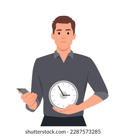 Young man holding phone and clock time, showing how much time you spent on your smart phone. Sad and angry emotions. Flat vector illustration isolated on white background