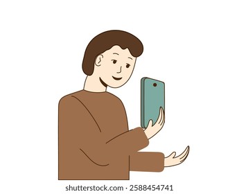 Young man holding the phone in his hand in front of his face and looking at smartphone. Boy looks at his phone screen. Men stands and talks on video call. Takes pictures. Vector illustration.