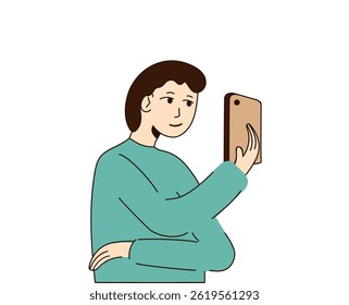 Young man holding the phone in his hand in front of his face and looking at smartphone. Boy looks at his phone screen. Men stands and talks on video call. Takes pictures. Vector illustration.