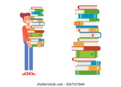 Young Man holding a pile of educational books in hands. Love reading.  Cartoon flat vector illustration isolated on white background.