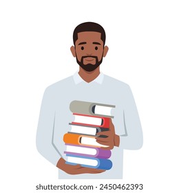 Young man holding a pile of educational books in hands. Student carrying huge stack of books. Flat vector illustration isolated on white background
