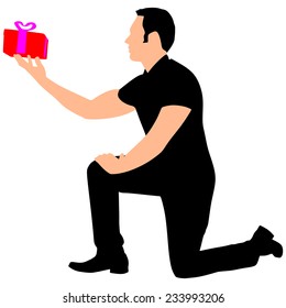 Young man holding a present in hand, vector 
