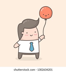 Young man holding red balloon. Cute cartoon illustration.