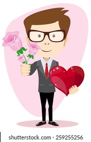 Young man holding a rose and heart, giving them to you, vector illustration