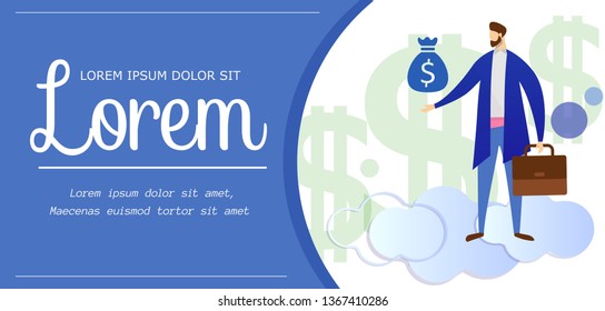 Young Man Holding Sack with Dollar Sign. Credit Manager Character in Bank Office Offer Money to Customers. Bank Offer Flyer, Poster, Ad Template. Cartoon Flat Vector Illustration. Horizontal Banner.