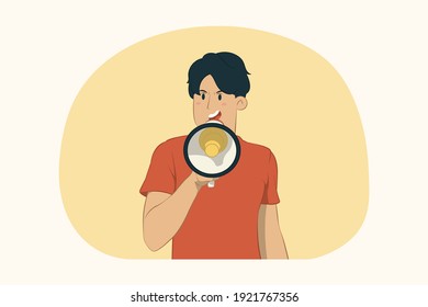 Young man holding, scream in megaphone concept