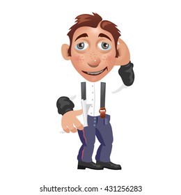 Young man holding a sheet of paper. Vector illustration.