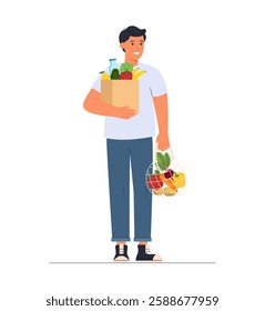 Young man holding a shopping bag and paper bag full of groceries. Eco-friendly concept. Healthy eating concept. Vector illustration