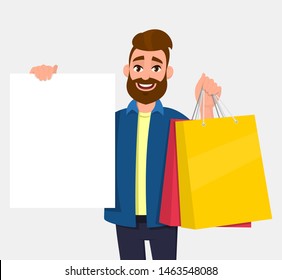 Young man holding shopping bags. Person showing a blank white poster, board, banner in hand. Male character illustration. Modern lifestyle, digital technology, new purchase, latest trend in cartoon.