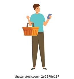 Jovem está segurando uma cesta de compras e usando um aplicativo de smartphone para encontrar as melhores ofertas