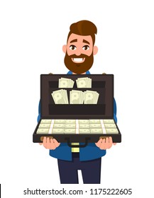 Young  man holding or showing a briefcase full of money banknotes. Finance banking and business concept illustration in vector cartoon style.