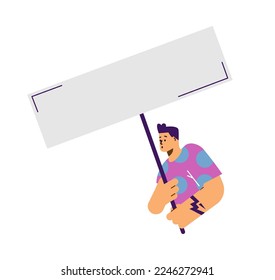 Young man holding sign flat style, vector illustration isolated on white background. Copy space for text, big banner on stick, decorative design element