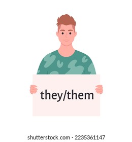 Young man holding sign with gender pronoun. She, he, they, non-binary. Gender-neutral movement. LGBTQ community. Hand drawn vector illustration