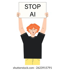 Young Man Holding a Sign and Protesting Against Artificial Intelligence, Flat Style Illustration