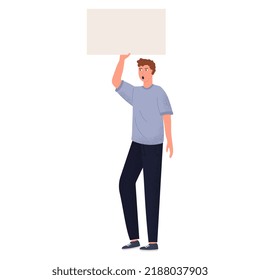 Young man holding sign. Vector flat illustration with protesting man.