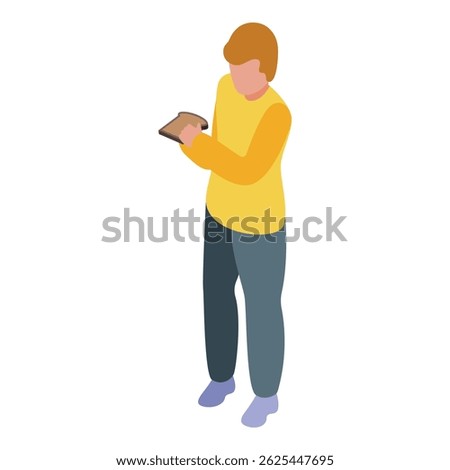 Young man is holding a slice of bread, ready to enjoy his breakfast