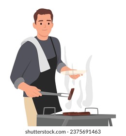 Young man holding a slice of meat with accessories for the barbecue. Flat vector illustration isolated on white background