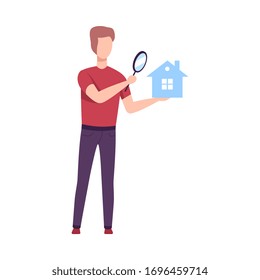 Young Man Holding Small House and Looking at it Through Magnifying Glass, Man Choosing Real Estate for Buying or Renting Vector Illustration