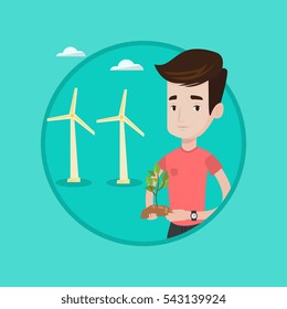 Young man holding small plant on a background of wind farm. Caucasian man with plant in hands on the background of wind turbins. Vector flat design illustration in the circle isolated on background.