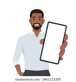 Young man holding smartphone close up. Flat vector illustration isolated on white background