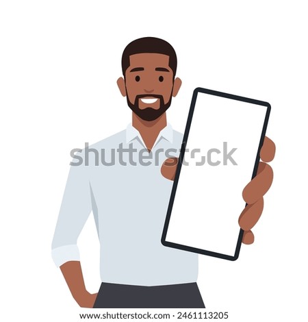 Young man holding smartphone close up. Flat vector illustration isolated on white background
