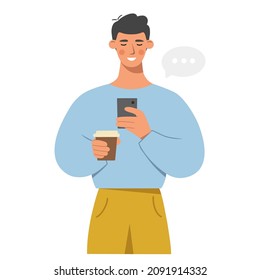 Young man holding smartphone and cup of coffee. The guy writes posts or reviews on social networks. Concept of online communication, chat or mobile app use. Flat vector illustration.