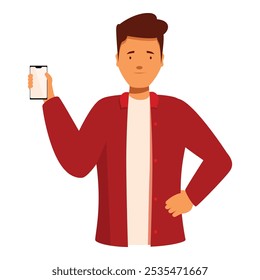 Young man is holding up a smartphone, displaying a blank screen
