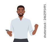 Young man holding smartphone excited surprised with happy expression. Flat vector illustration isolated on white background