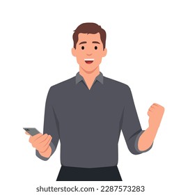 Young man, holding smartphone, are excited, surprised with happy expression. Flat vector illustration isolated on white background