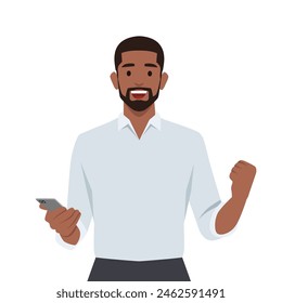 Young man holding smartphone excited surprised with happy expression. Flat vector illustration isolated on white background