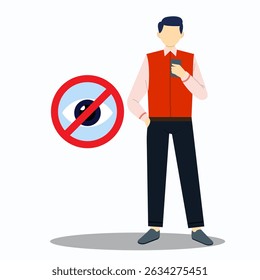 Young man holding a smartphone with an eye symbol that is not allowed to look. The concept of protection against phishing or fraud.