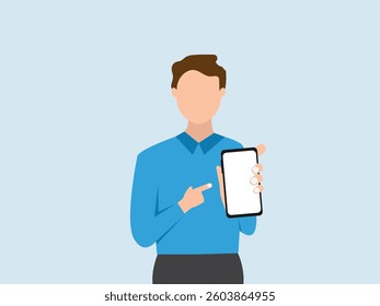 Young man holding  smartphone in hand and showing with pointing finger.   Vector illustration.
