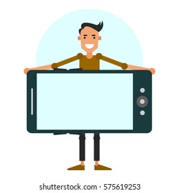 Young man holding smartphone in hand. Icon design for mobile applications. Vector illustration isolated on white background.