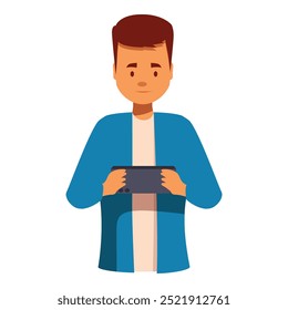 Jovem está segurando um smartphone em suas mãos, jogando um jogo de celular