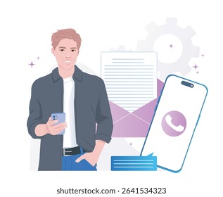Young man holding smartphone with message, email, and call symbols around him, flat style, white background. Concept of modern digital communication. Vector illustration