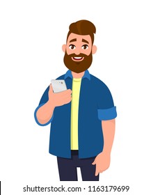 Young man holding smartphone. Mobile phone concept. Vector illustration cartoon style.