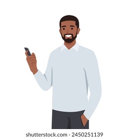 Young man is holding a smartphone. Person and gadget. Communication in the network. Flat vector illustration isolated on white background